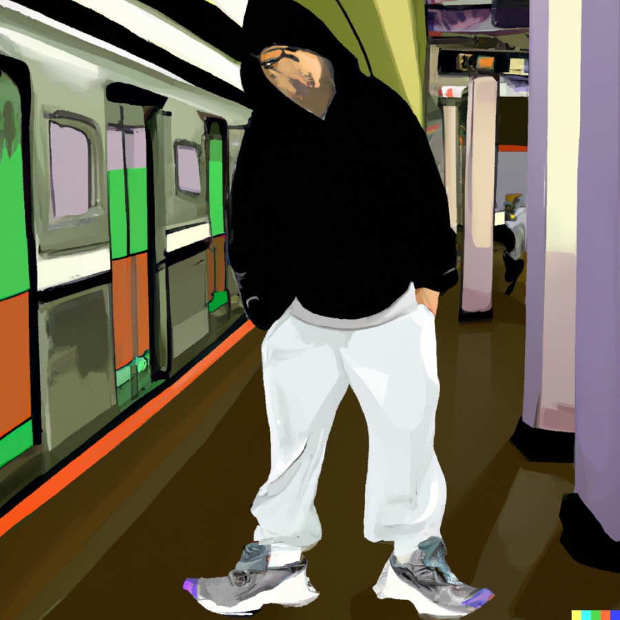 DALL·E 2023-03-10 23.35.56 - a bad boy in trackies and sneakers, in a subway, cartoon, digital art