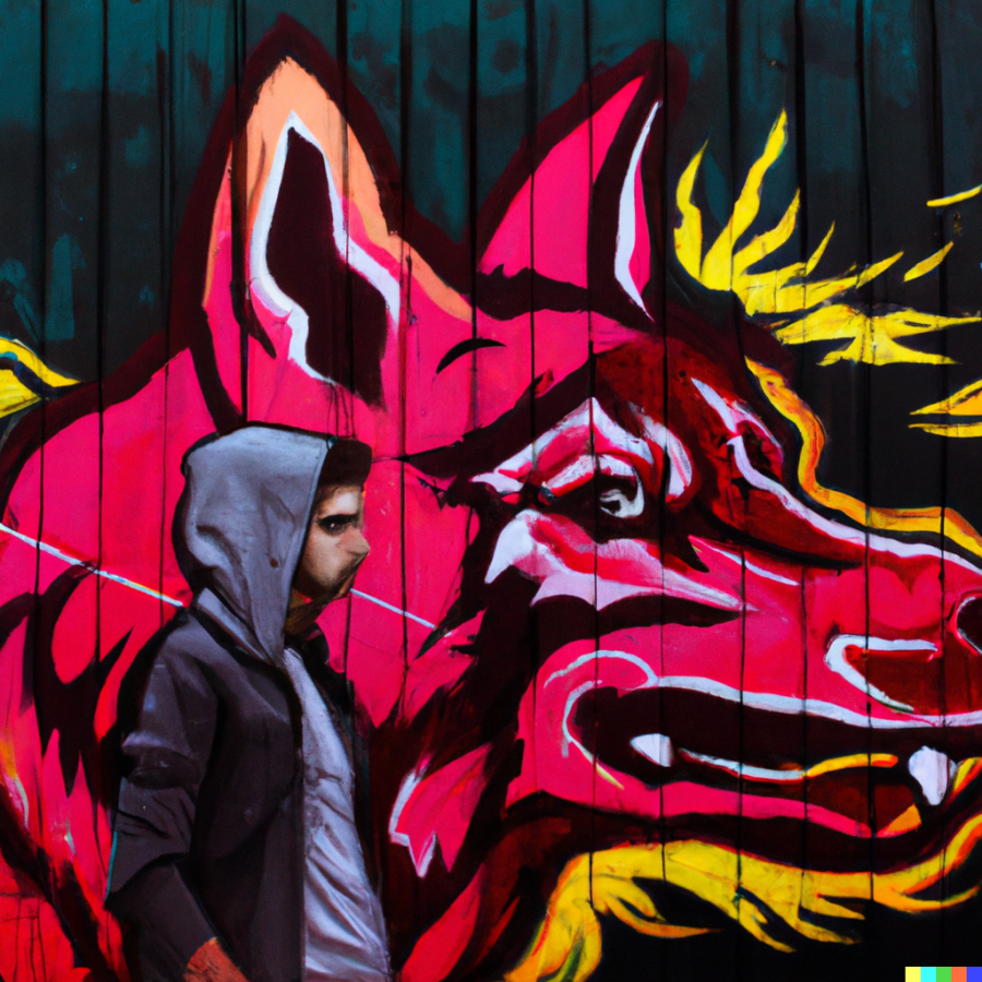 DALL·E 2023-03-10 23.50.42 - A graffiti of a guy with a wolf head in bright color against a dark wall