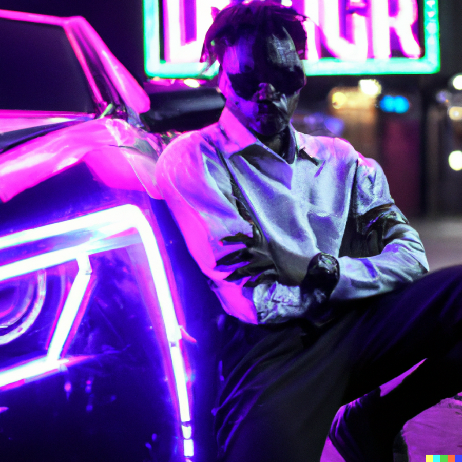 DALL·E 2023-03-22 22.41.01 - A bad boy under the neon light, near a sport car, synthwave