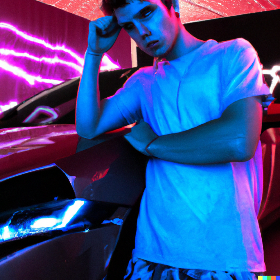 DALL·E 2023-03-22 22.41.04 - A bad boy under the neon light, near a sport car, synthwave