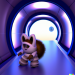 DALL·E 2023-03-07 14.36.39 - A corridor of a spaceship, with a view to the planet outside, and a furry monster passing through the corridor