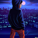 DALL·E 2023-04-06 19.36.38 - A bad boy in tracksuit, sneakers, hoodie looking to the city at night from an hill, digital art